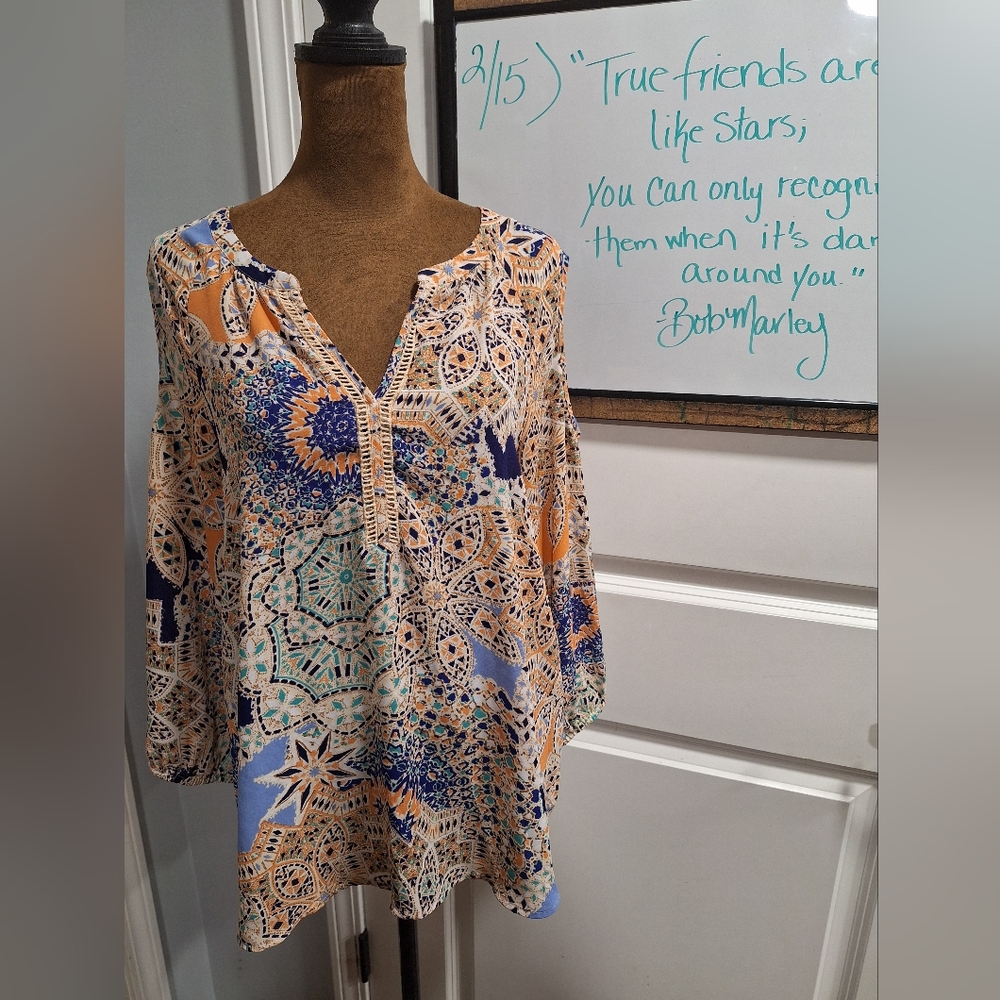 Daniel Rainn Mixed Print V-Neck Blouse in Blue, Navy, Peach